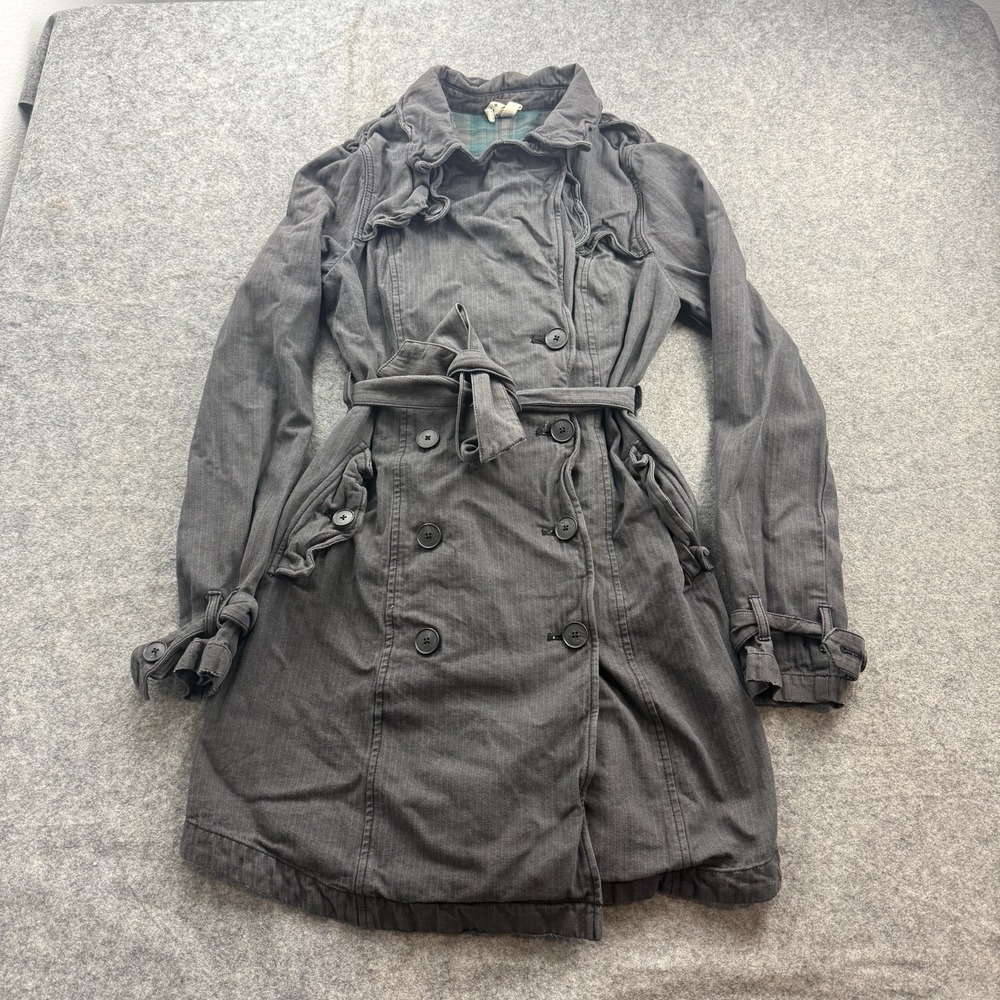 We The Free Free People Herringbone Trench Coat Jacket Womens Medium Belted Gray